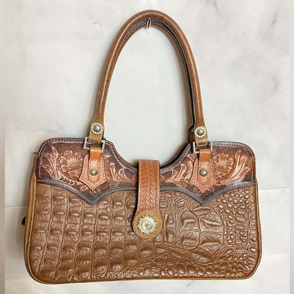 Vintage Montana West Crocodile Textile Leather Carry Handbag